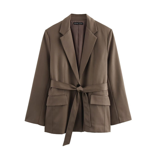 Dam Blazer Med Reverskrage och Bälte Högkvalitativt Tyg-1