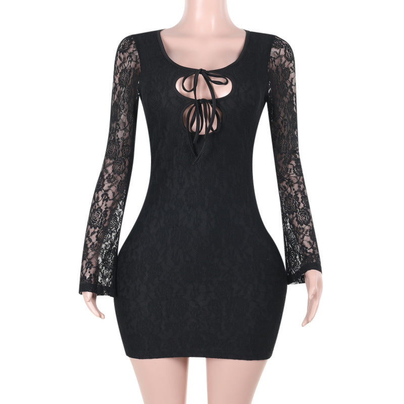 Kvinnors Toppklänning Långärmad Spets Figursydd-1