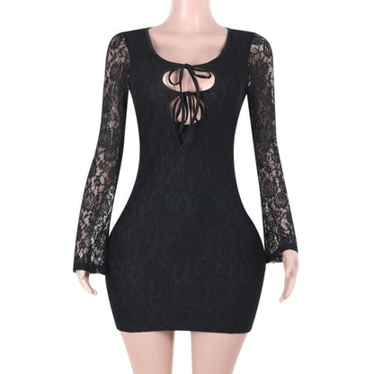 Kvinnors Toppklänning Långärmad Spets Figursydd-1