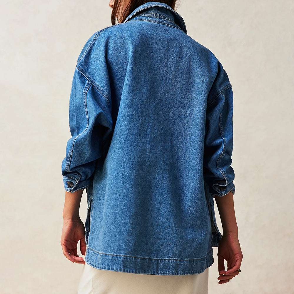 Dam Jeansjacka Urban Stil Tvättad Denim med Broderade Detaljer-4
