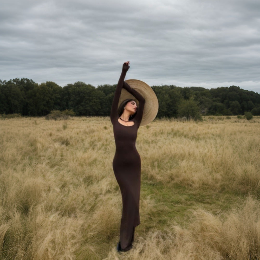 Damklänning Bodycon Ankel Längd Enfärgad Högkvalitativt Tyg-2