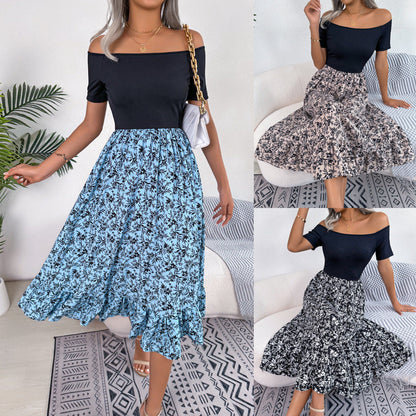 Dam Midi Klänning Off-Shoulder Blommig A-Linje Polyester för Sommar och Fest-2