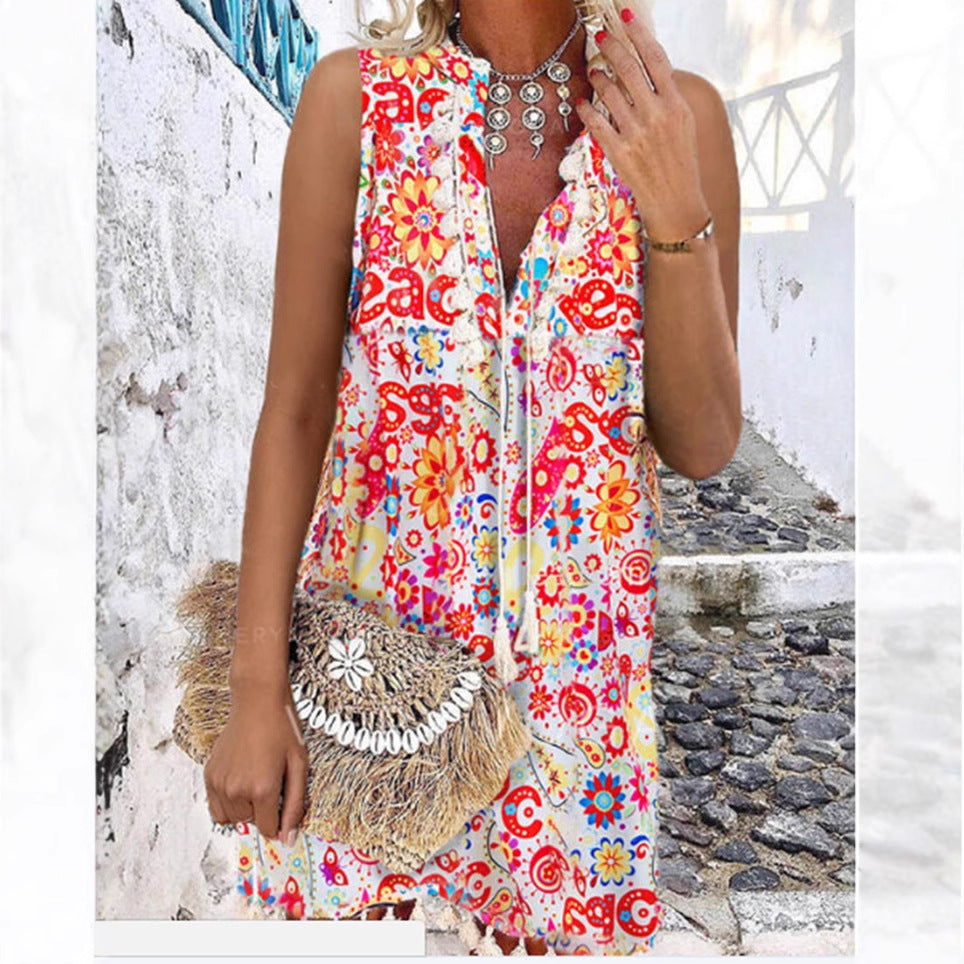 A-Line Klänning för Kvinna med V-ringning och Fransärmar – Polyester, Ärmlös, Medellång, Perfekt för Sommarfester 4