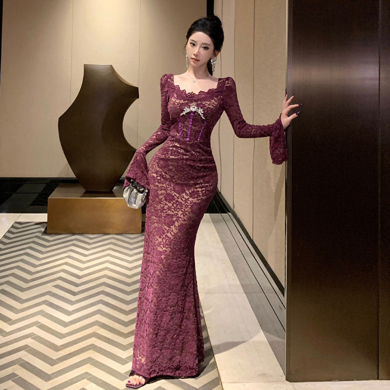 Kvinnors Klänning U-hals Långa Spetsiga Ärmar Polyester Elastan Rhinestones-3