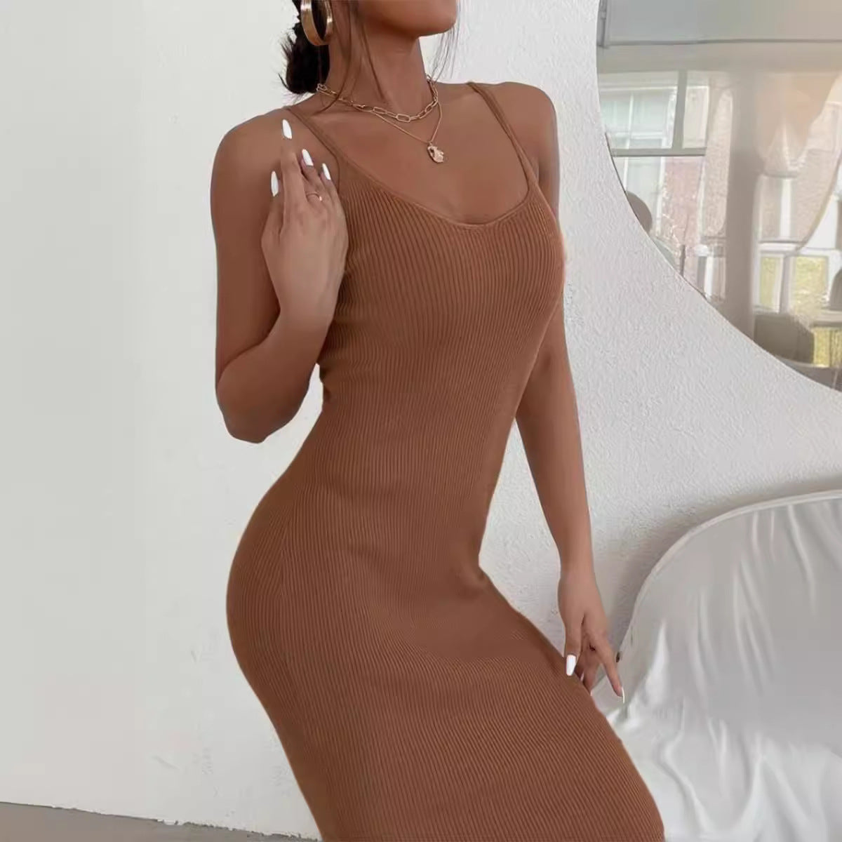 Kvinnors Midi Klänning V-ringad Stickad Material-3