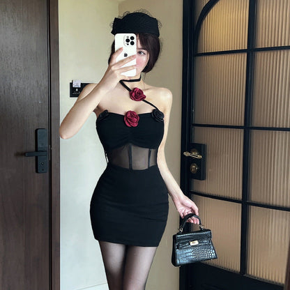 Kort Klänning Dam Blommig Axelbar Mesh och Bomull-2