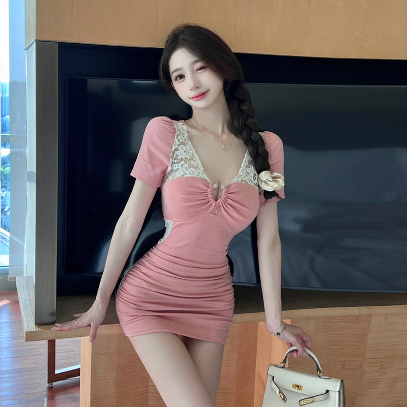 Kvinnors Kortärmad Klänning V-ringning Bomull-1