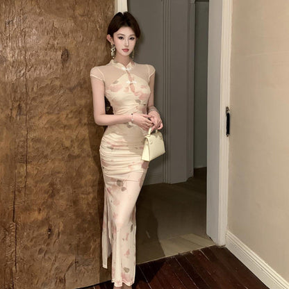 Damklänning Lång Qipao Blommönster Polyester-3