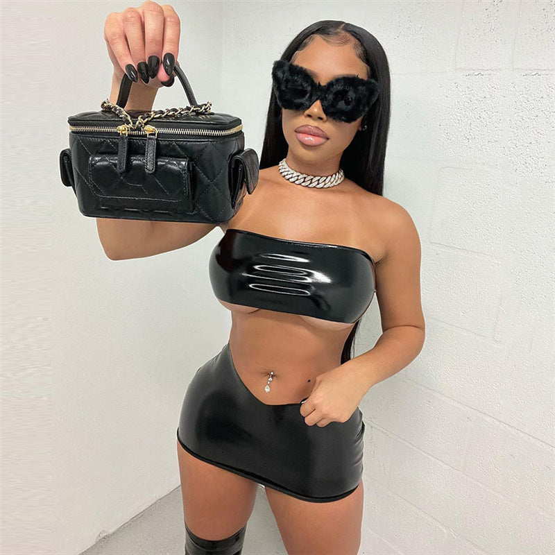 Dam Bodycon Minirok Stropplös Låg Midja Läderliknande Tyg-4