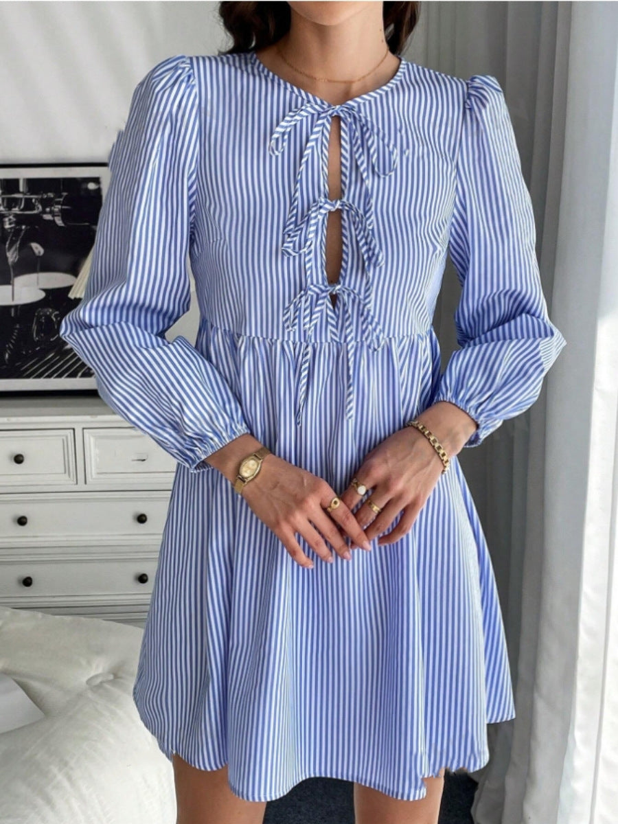 Variant image for Kvinnors Midi Klänning Puffärmar Randig Bomullsblandning-1