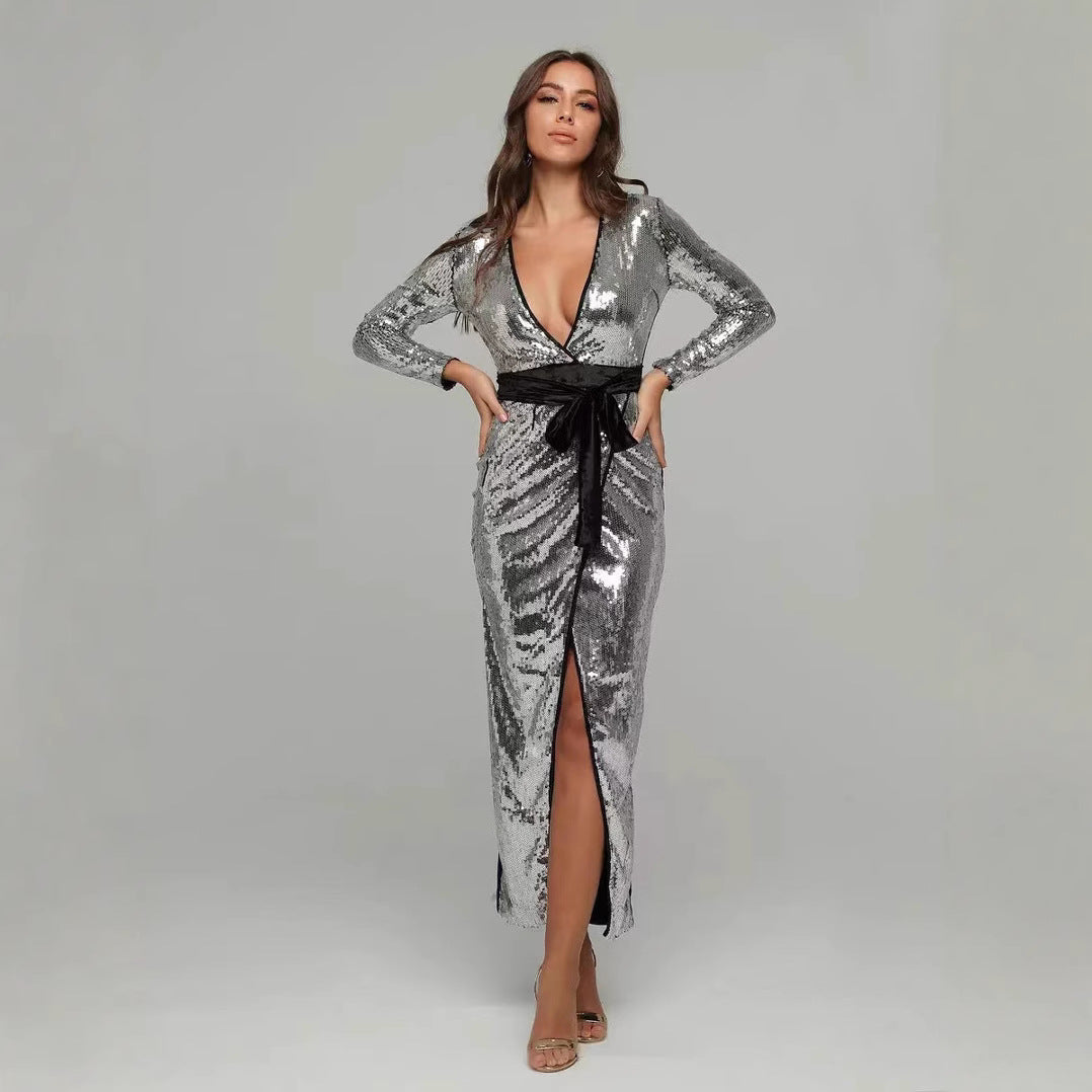 Dam Aftonklänning Långärmad V-ringning Paljetter Mini-4