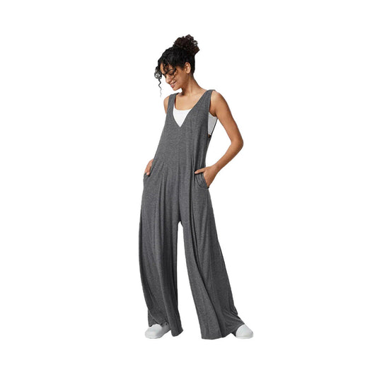 Dam Jumpsuit Djup V-ringning Bred Ben Elastisk Blandning-1