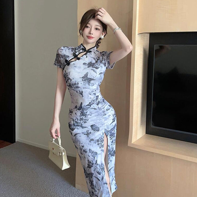 Damklänning Cheongsam med Hög Slits och Tre Fjärdedelar Ärmar i Polyester-1