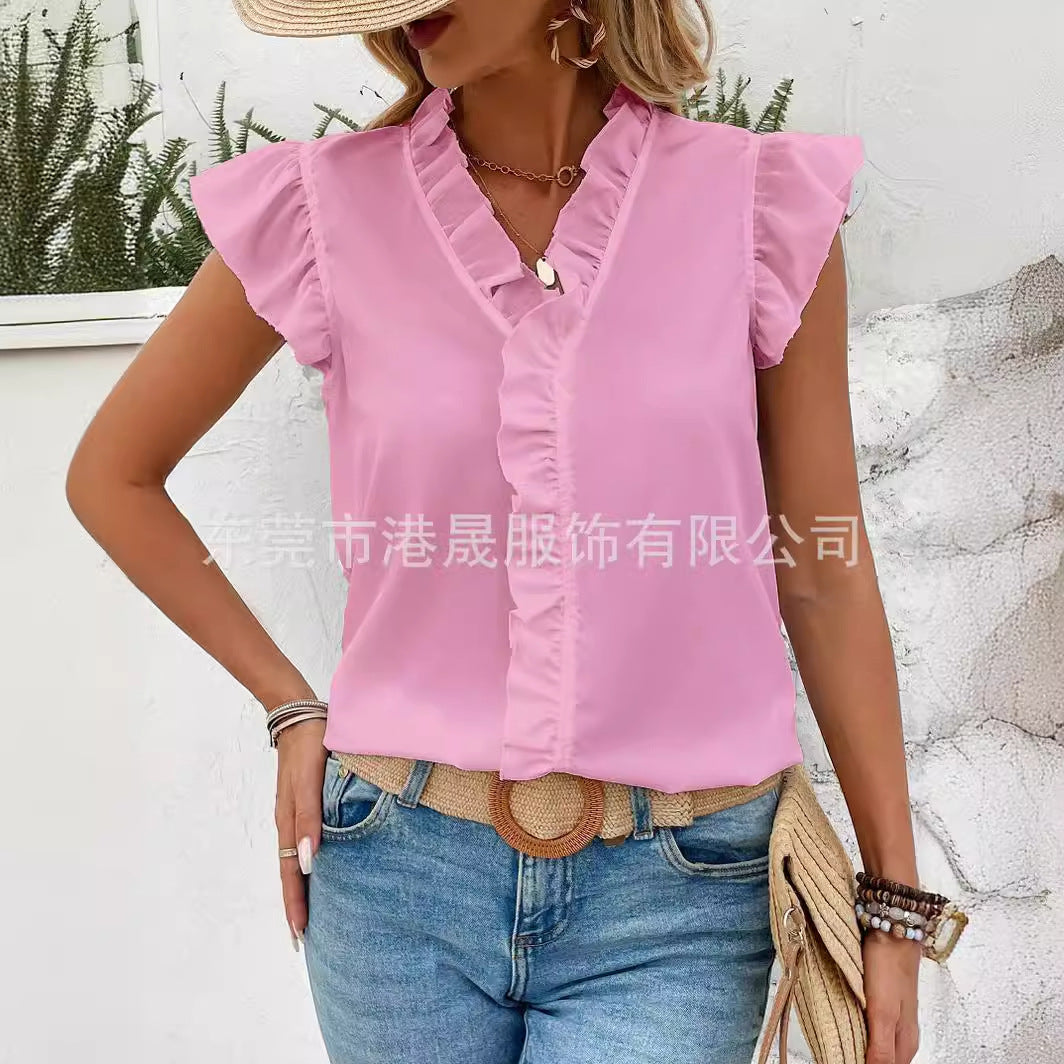 Dam Skjorta Kortärmad Löst Fit Rufsad Design Spandex-4