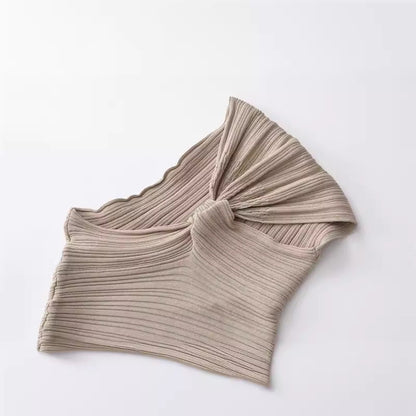 Dam Asymmetrisk Topp Ribbstickad Polyester-4