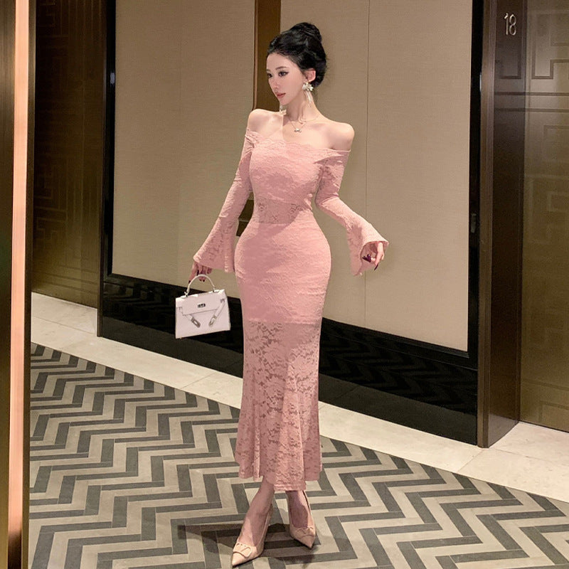 Kvinna Lång Klänning Axelfri Dramatiska Ärmar Högkvalitativt Tyg-3