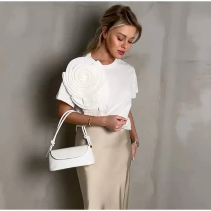 Dam T-shirt Lätt Polyester 3D Blommönster Loose Fit Korta Ärmar-3