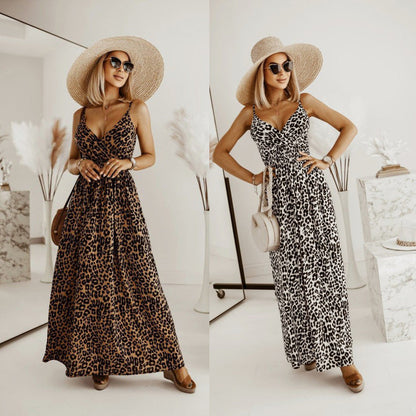 Långklänning Dam A-Line Leopardmönster Polyester V-ringning Spaghetti Band-2