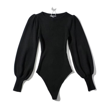 Kvinnor Bodysuit Långärmad Puffärmar Ribbat Elastiskt Tyg-3