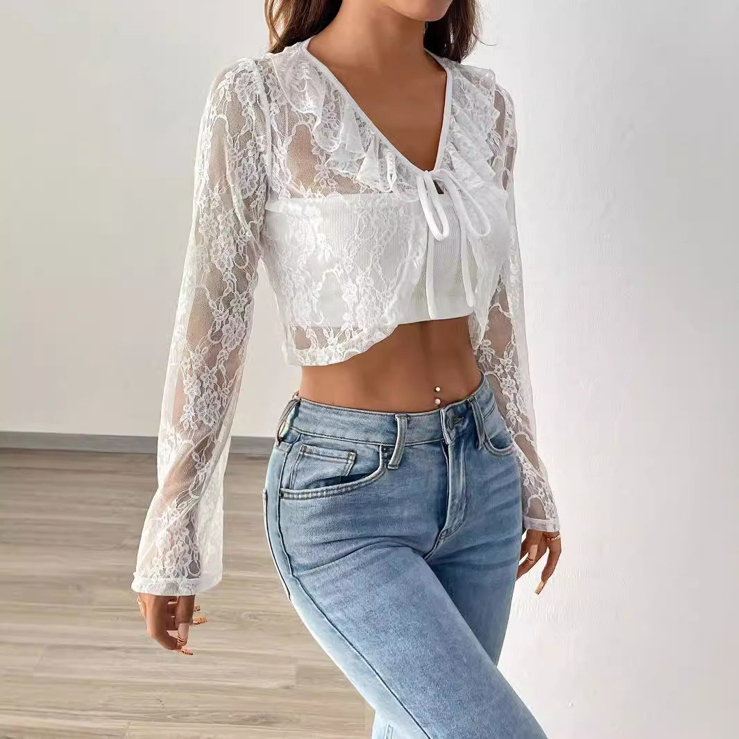 Dam Långärmad Topp Spets Geometriskt Mönster V-hals-2