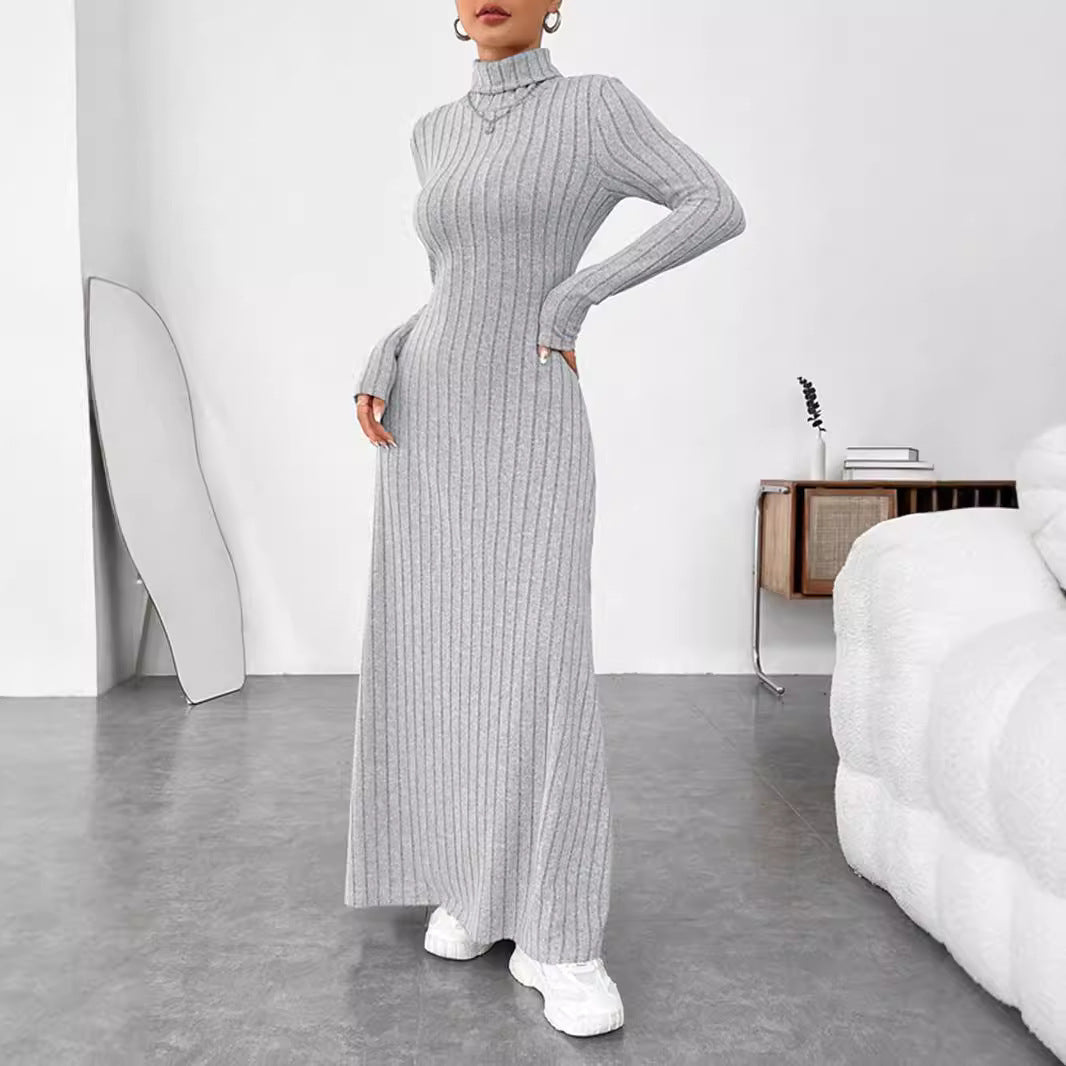 Damklänning Höghalsad Enfärgad Stickad Midi med Långa Ärmar-5