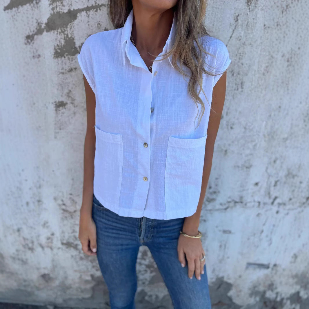 Damer Kortärmad Skjorta med Knappficka Bomull och Linne-2