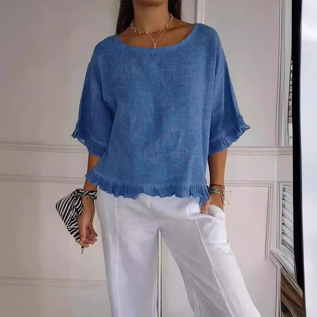 Dam Skjorta Kortärmad Volang Mjuk Bomull-4