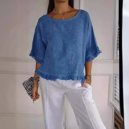 Dam Skjorta Kortärmad Volang Mjuk Bomull-4