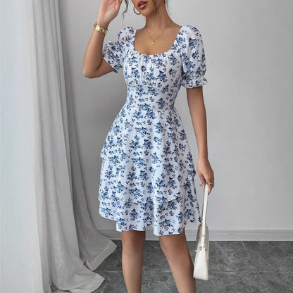 Blommaklänning för Kvinnor med Puffärmar i Andningsbart Material – Flytande Kjol för Sommarfester 2