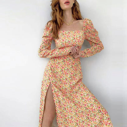 Kvinna Bohemisk Klänning Blommönster Lång Ärmar Högkvalitativt Tyg-3
