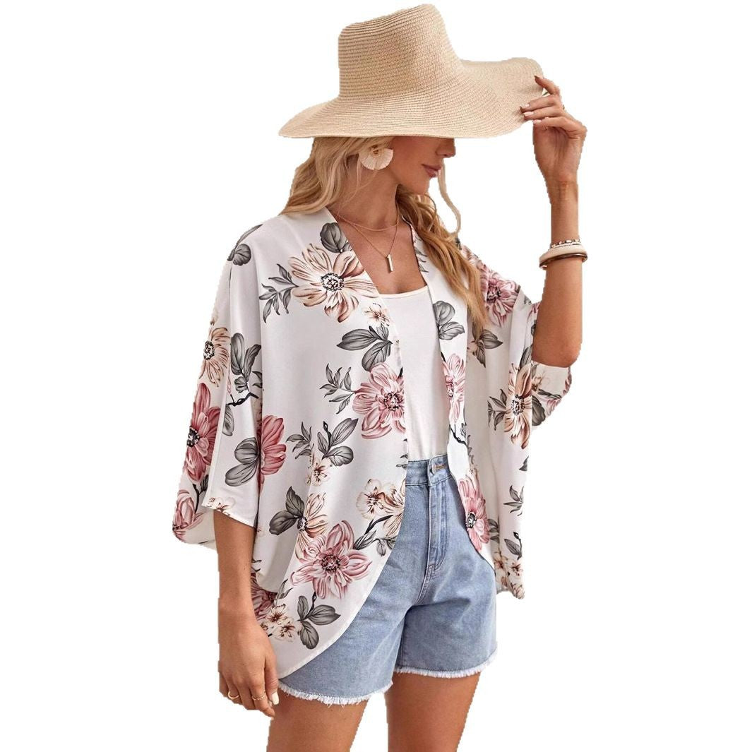 Dam Cardigan Blommig Löst Klippt Polyester Trekvartsärmar 5