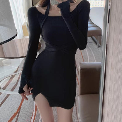 Kvinnors Bodycon Klänning Halshållare Långärmad Högkvalitativt Tyg Patchwork-2