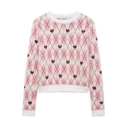 Stickad Dam Tröja med Diamantmönster och Glittrande Hjärta i Bomullsblandning-1