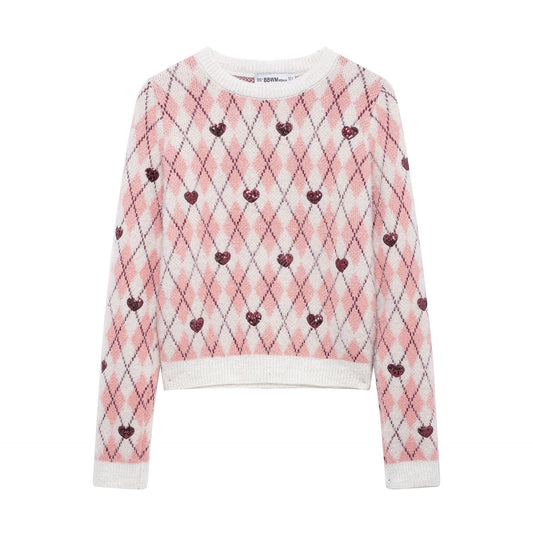 Stickad Dam Tröja med Diamantmönster och Glittrande Hjärta i Bomullsblandning-1