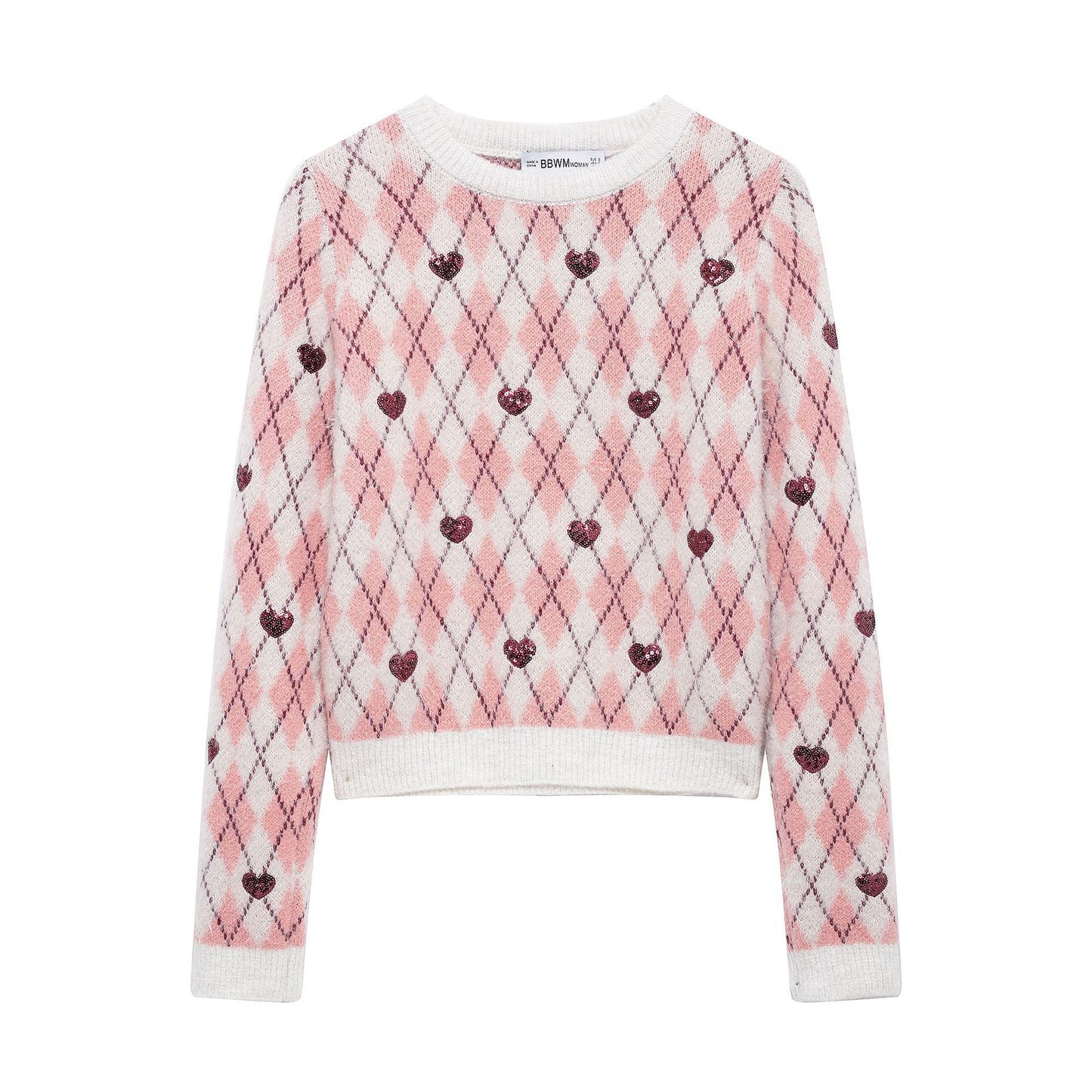 Variant image for Stickad Dam Tröja med Diamantmönster och Glittrande Hjärta i Bomullsblandning-1