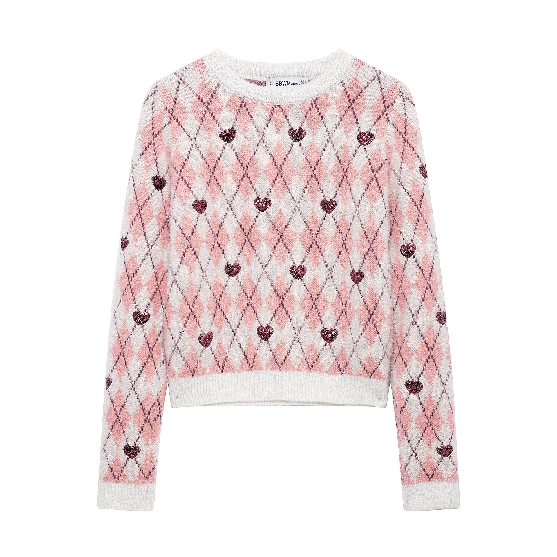 Variant image for Stickad Dam Tröja med Diamantmönster och Glittrande Hjärta i Bomullsblandning-1