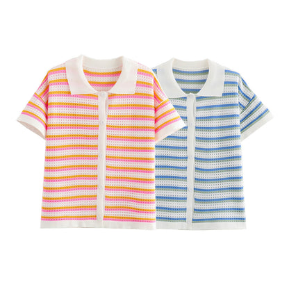 Dam Shorts Set Randig Stickad Topp 100% Bomull Avslappnad Passform-3