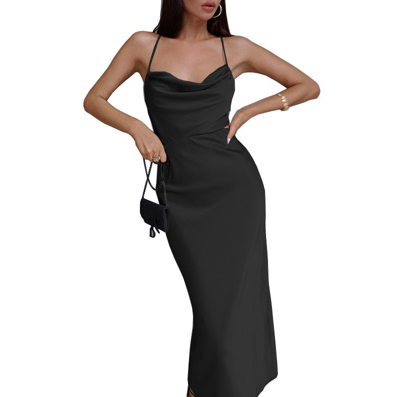 Kvinnors Midi Klänning Volanger Polyester Urtagning Bak-1