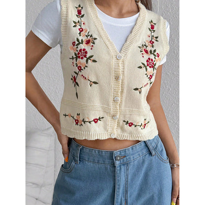 Dam Stickad Väst med Blommor Broderier V-Hals i Mjuk Bomull 3