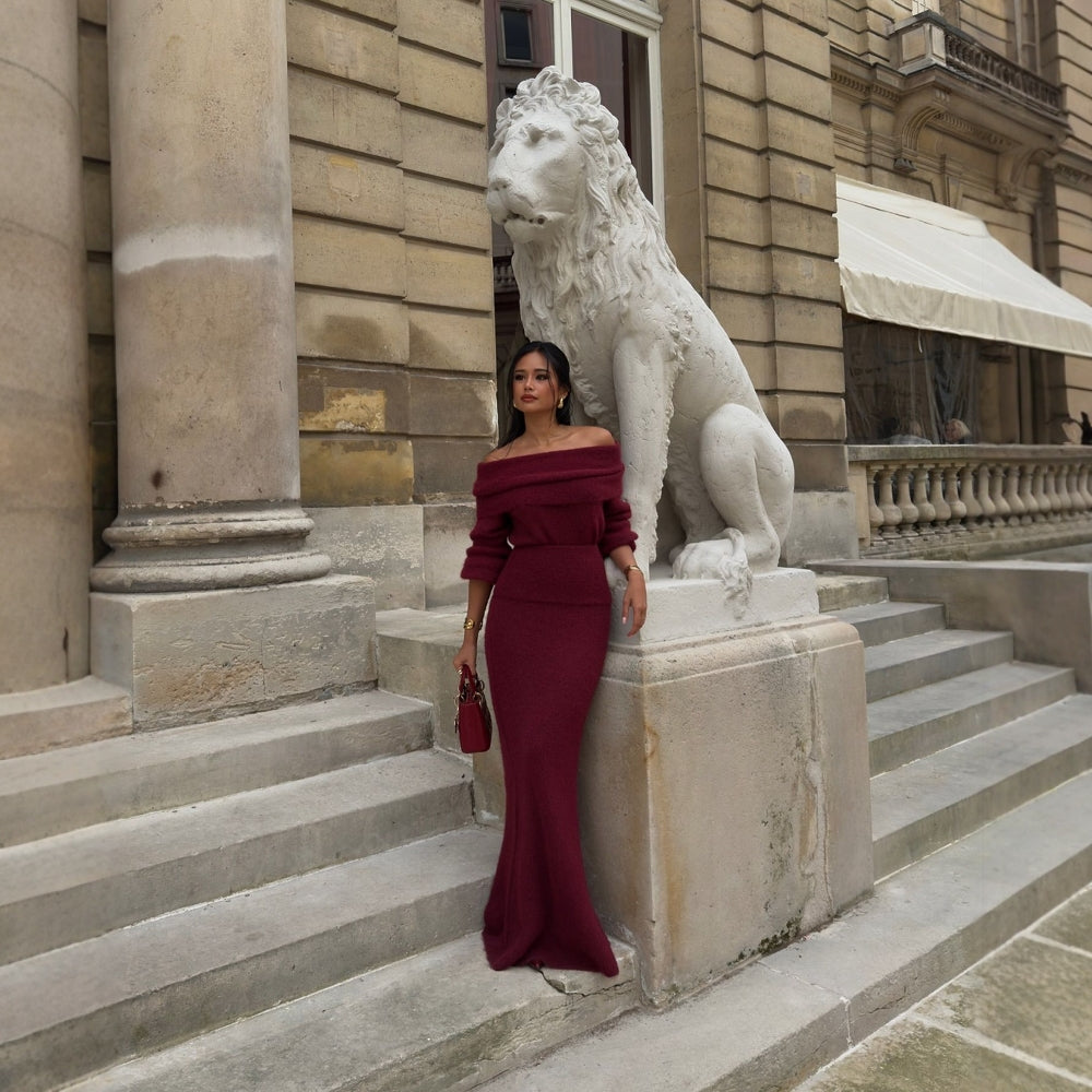 Dam Stickad Klänning Lång Ärmar Enfärgad Mjuk Akryl-5