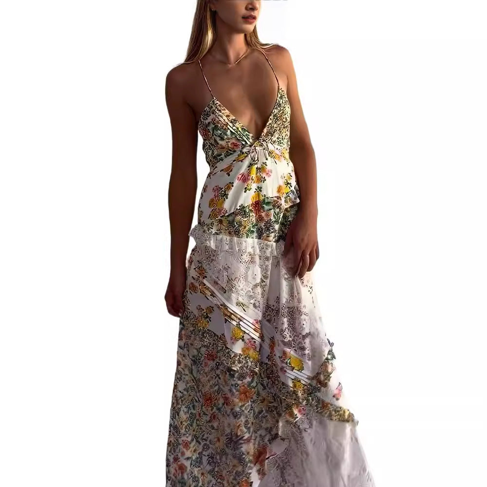 Kvinna Lång Klänning Blommig V-Hals Spandex Polyester 4
