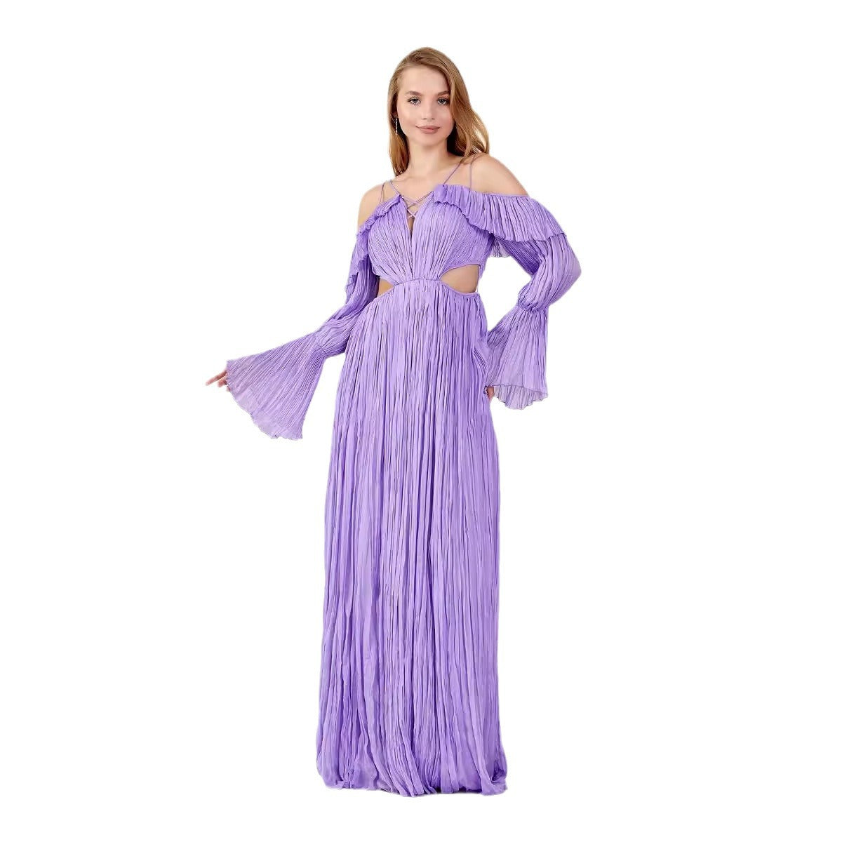 Kvinna Flared Klänning Öppen Rygg Polyester Långärmad-6