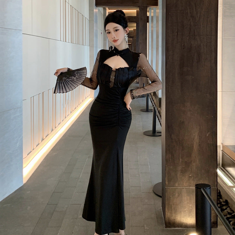 Kvinna Qipao Klänning Långärmad Polyester Bomull-3