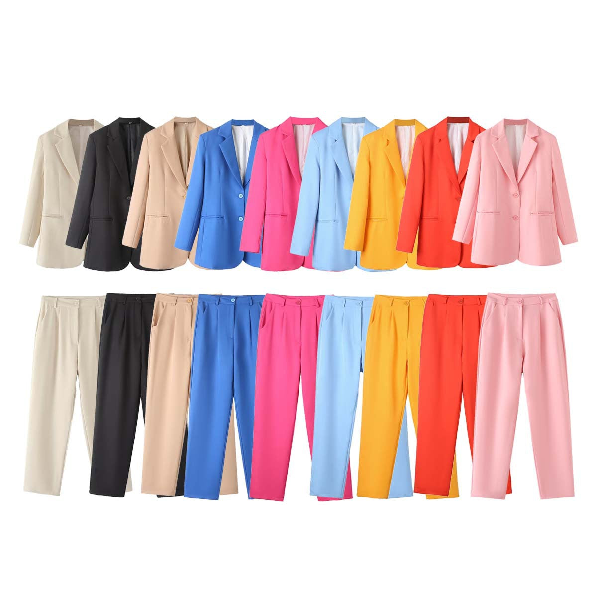 Dam Blazer Set Hög Midja Raka Byxor Polyester Blandning-4