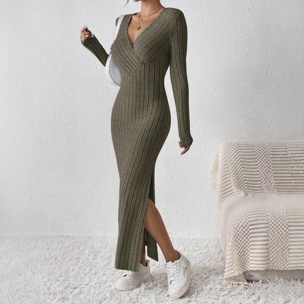 Dam Klänning Bodycon Långärmad Polyester V-Ringning Slim-Fit-4