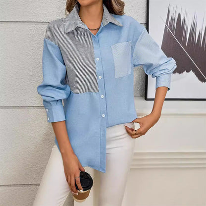 Dam Kofta Randig Vävd Casual Lång Ärme-4