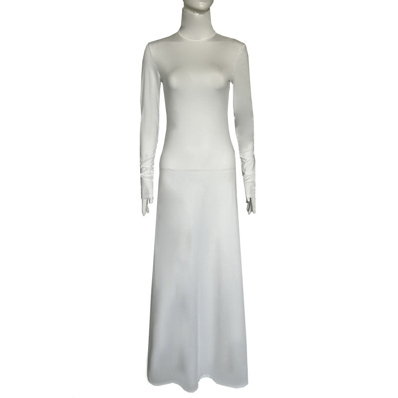 Dam Maxiklänning Figurbetonad Hög Krage Andningsbart Tyg-1