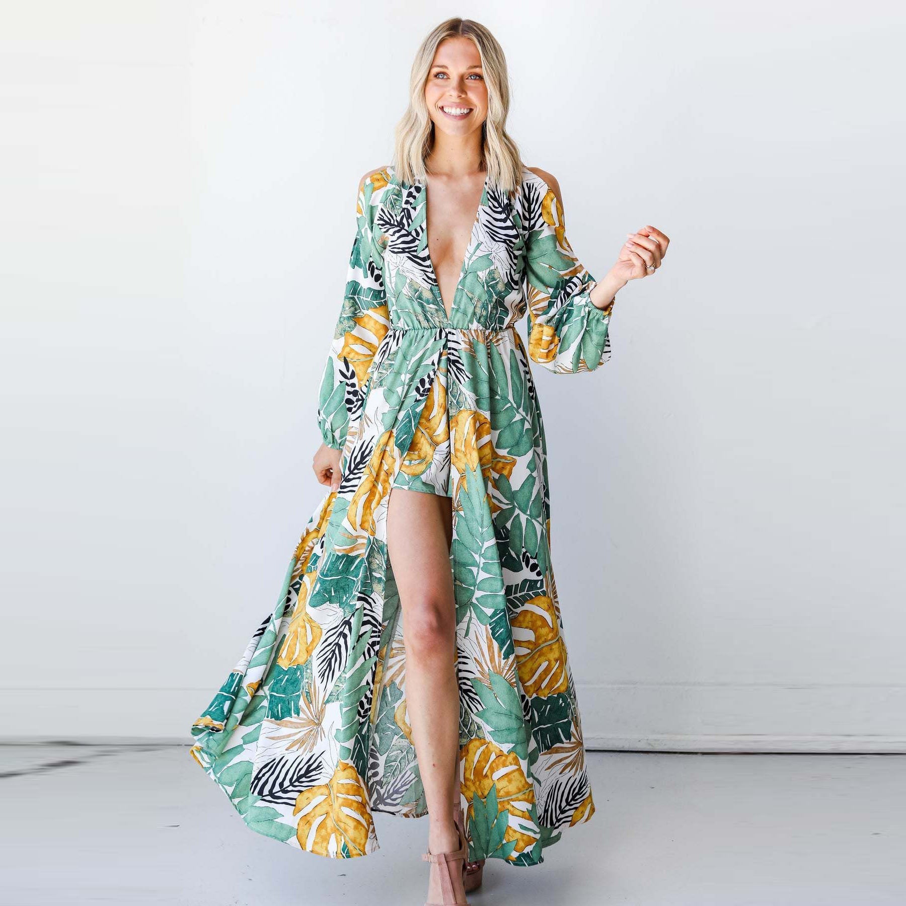 Kvinno Lång Klänning Bohemisk A-Linje Polyester-3
