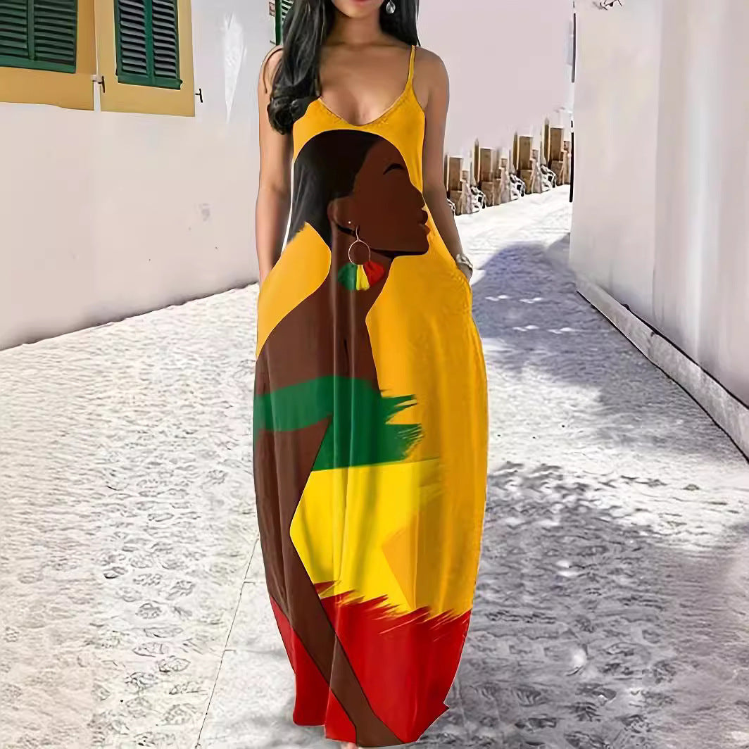 Dam Långklänning V-ringning Spaghetti Band Patchwork 3D-Effekt-2