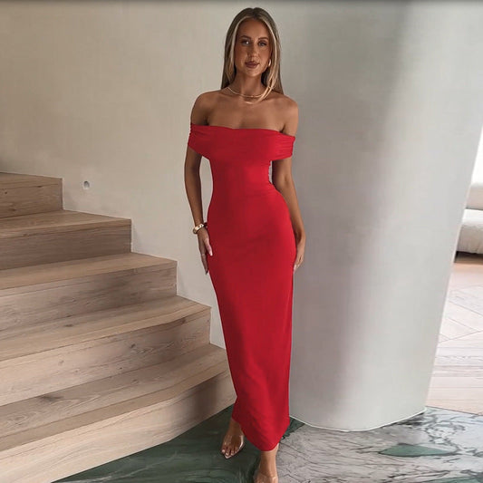 Maxiklänning Dam Off-Shoulder med Rüschendetalj Elastiskt Material 1